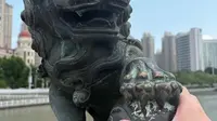 游客打卡天津狮子林桥，跟石狮子"对话"玩起来了，网友:狮子林桥遇上了最懂它的人。
