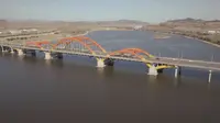 航拍迁西县滦水湾公园北河坝滦河