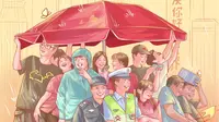 重庆千厮门大桥大家挤在伞下躲雨的一幕，仿佛看见了国泰明安《画人间温暖》原创插画更新