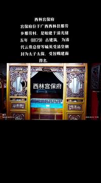 西林宫保府宫保府位于广西西林县那劳乡那劳村。是始建于清光绪五年（1879）古建筑。为清代云贵总督岑毓英受清皇朝封为太子太保，受旨赐建而得名。