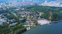 航拍山东东阿县洛神湖国家湿地公园 城市繁华 宁静流淌 飞行视角 湖畔风景