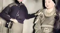 1937年，林徽因在山西佛光寺，手扶“宁公遇”像，神情肃穆