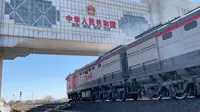 满洲里国门景区，俄罗斯火车驶过国门