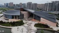航拍雨后的保定东湖公园、关汉卿大剧院、未来石。