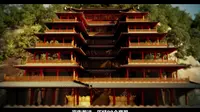 3D动画复原想象唐嘉州凌云寺大弥勒石像（乐山大佛）、大像阁的原貌与建造过程