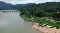 广州增城正果蒙花布沙滩 增江拦河坝航拍