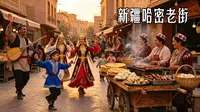 新疆哈密阿勒屯古街美食狂欢！维吾尔风味满满！哈密瓜冰沙、架子肉、馕坑烤肉、面肺子、维吾尔粽子、杏皮茶。