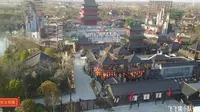 航拍江苏省东台市西溪古镇，董永七仙女文化园，环境不错值得游玩
