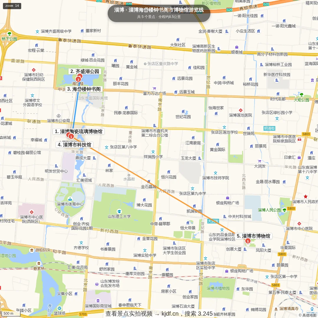 淄博海岱楼钟书阁市博物馆游览线旅游线路地图