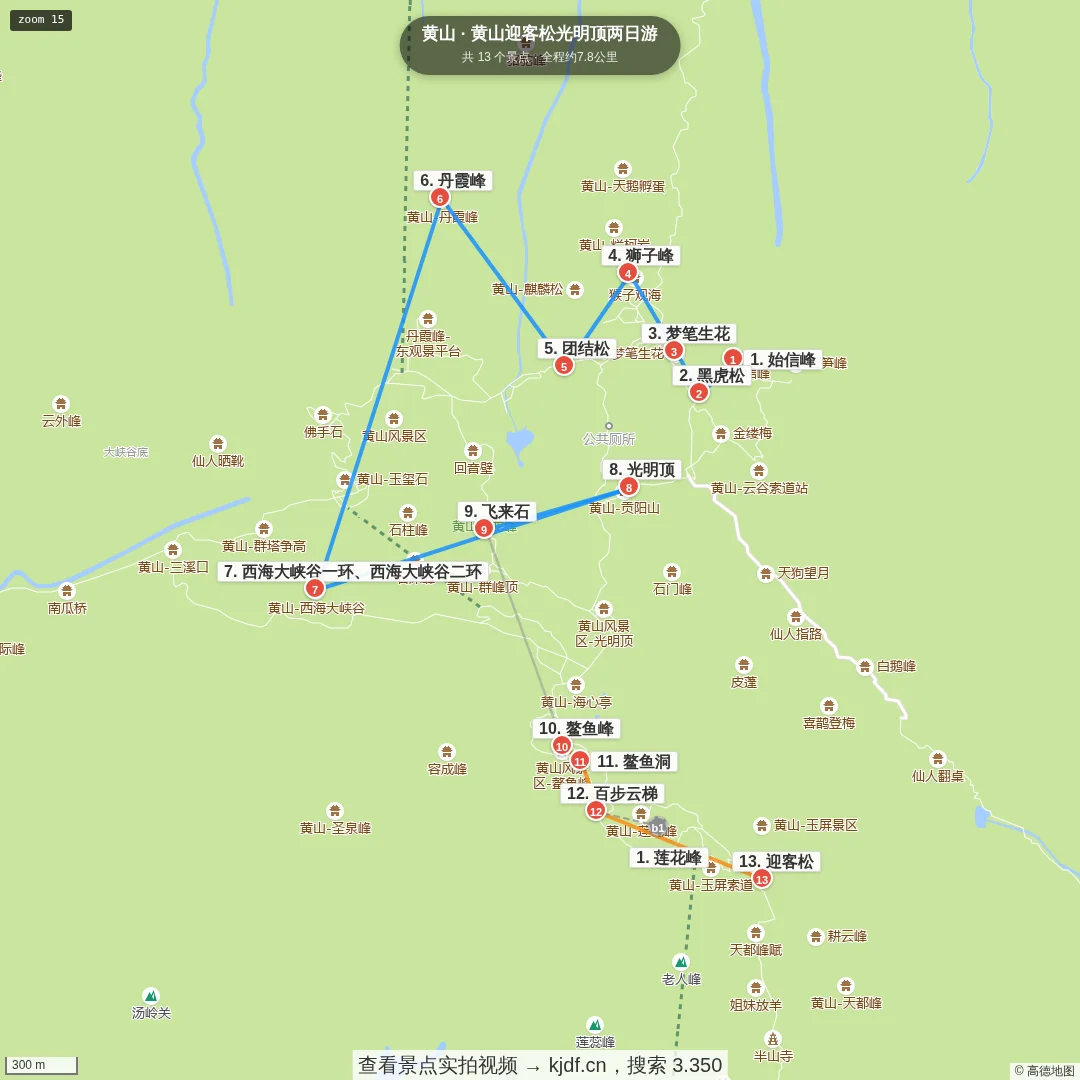 黄山迎客松光明顶两日游旅游线路地图