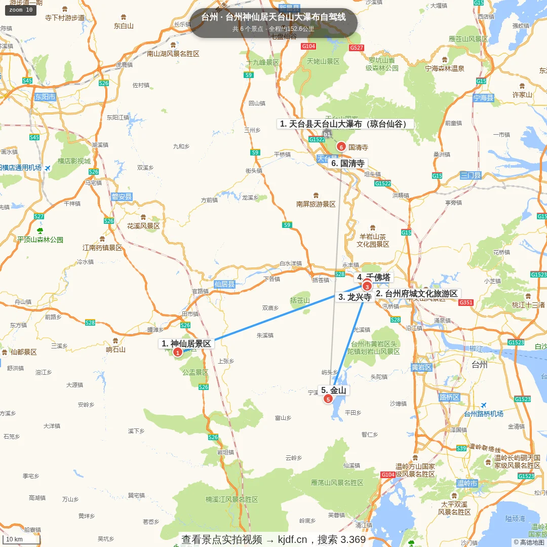 台州神仙居天台山大瀑布自驾线旅游线路地图