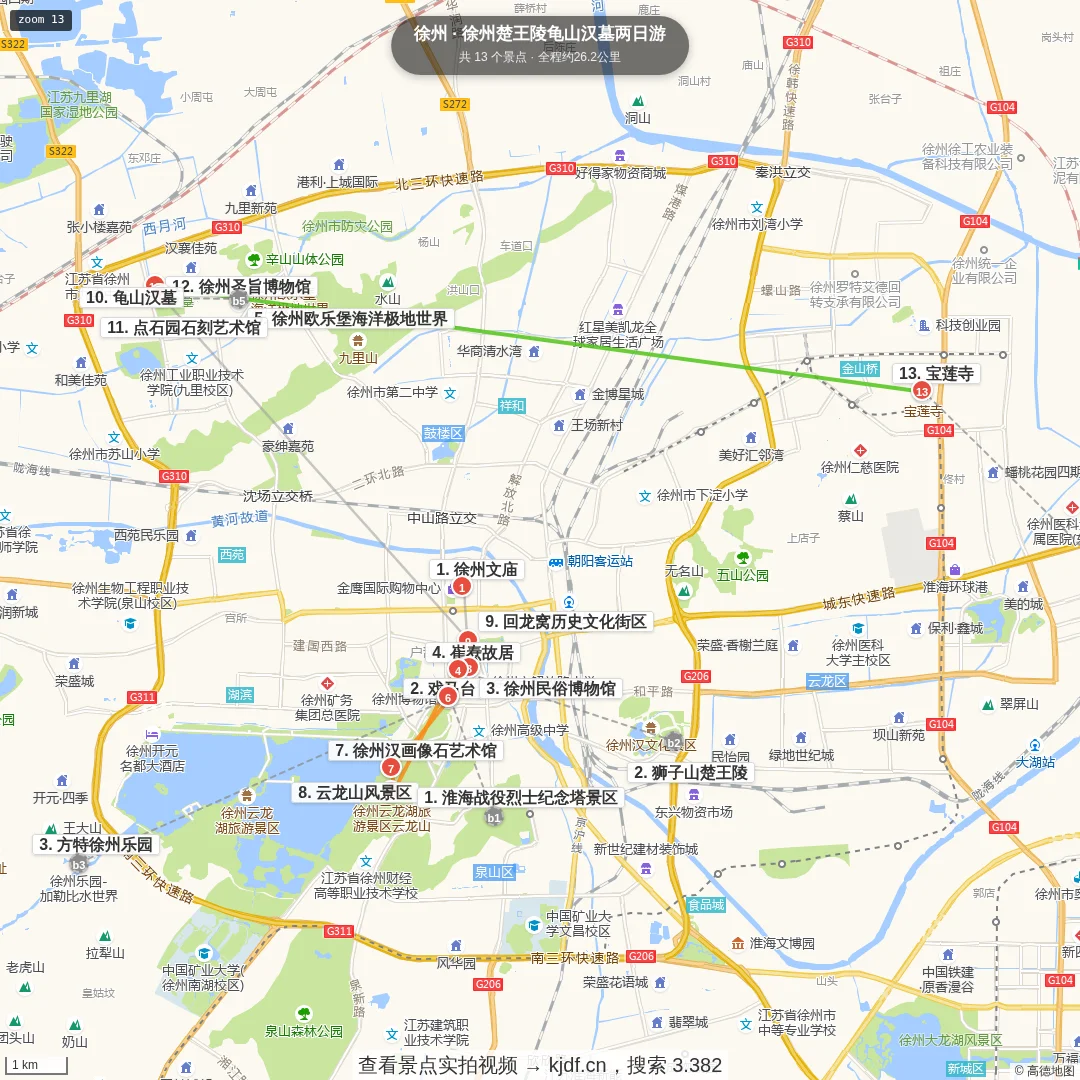 徐州楚王陵龟山汉墓两日游旅游线路地图