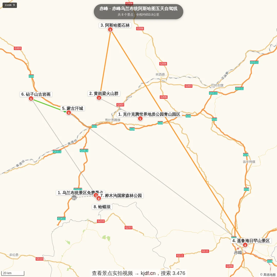 赤峰乌兰布统阿斯哈图五天自驾线旅游线路地图