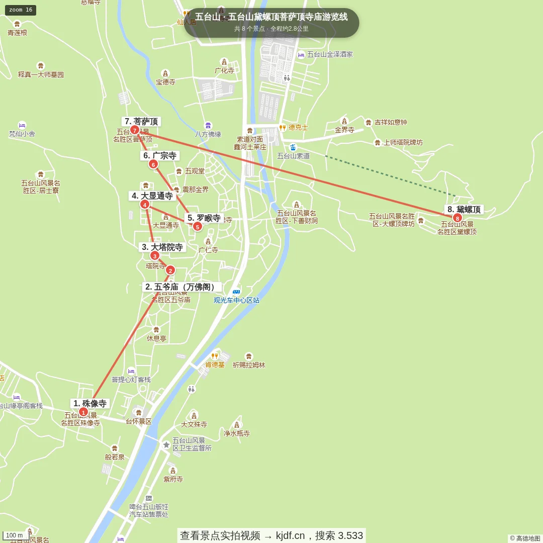 五台山黛螺顶菩萨顶寺庙游览线旅游线路地图