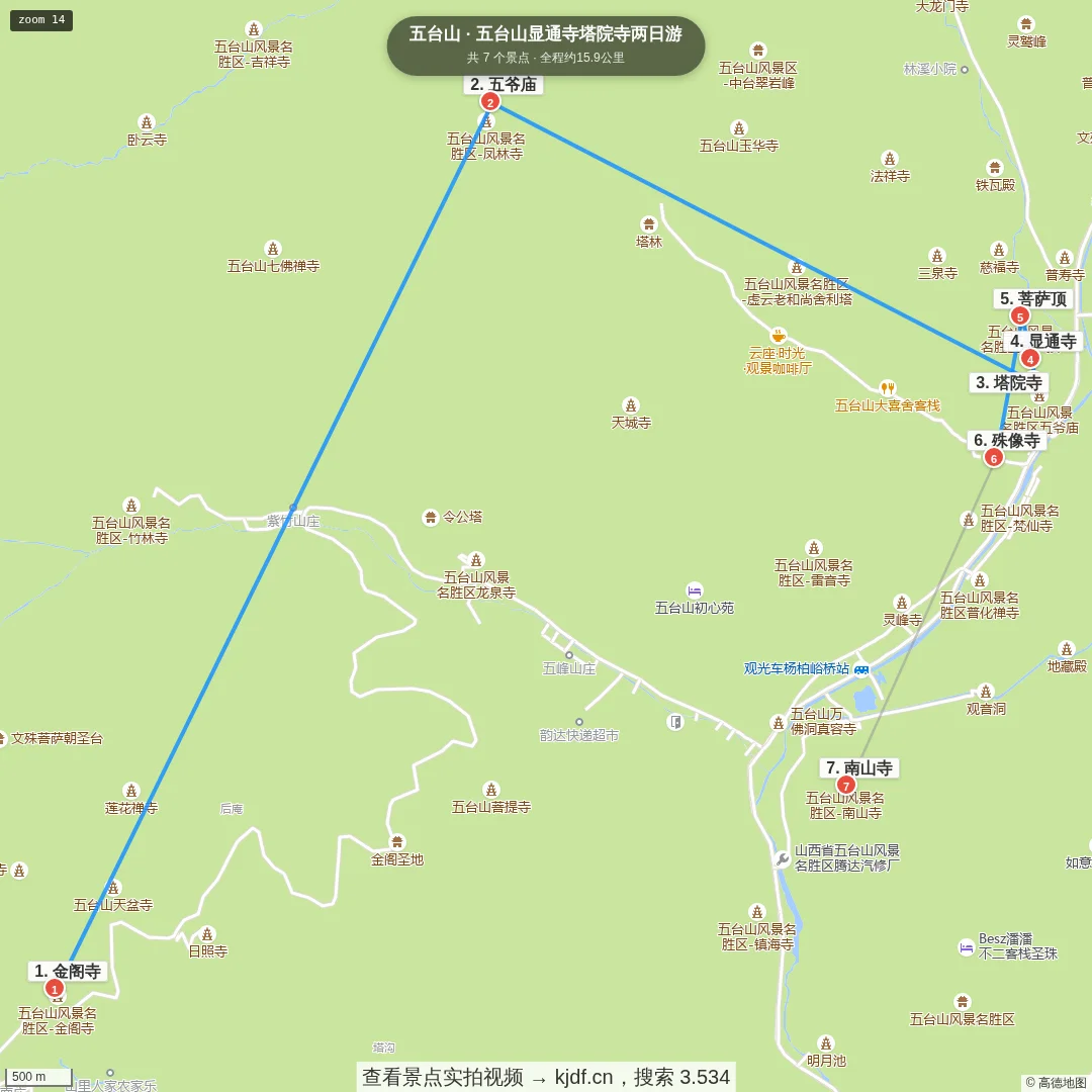 五台山显通寺塔院寺两日游旅游线路地图