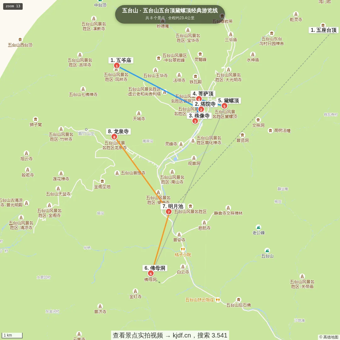 五台山五台顶黛螺顶经典游览线旅游线路地图