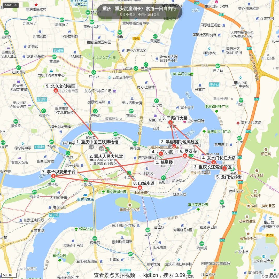 重庆洪崖洞长江索道一日自由行旅游线路地图