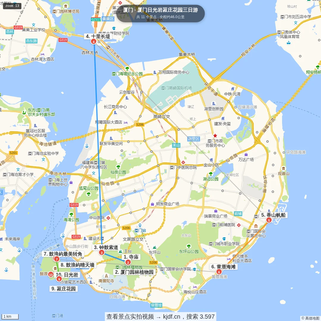 厦门日光岩菽庄花园三日游旅游线路地图