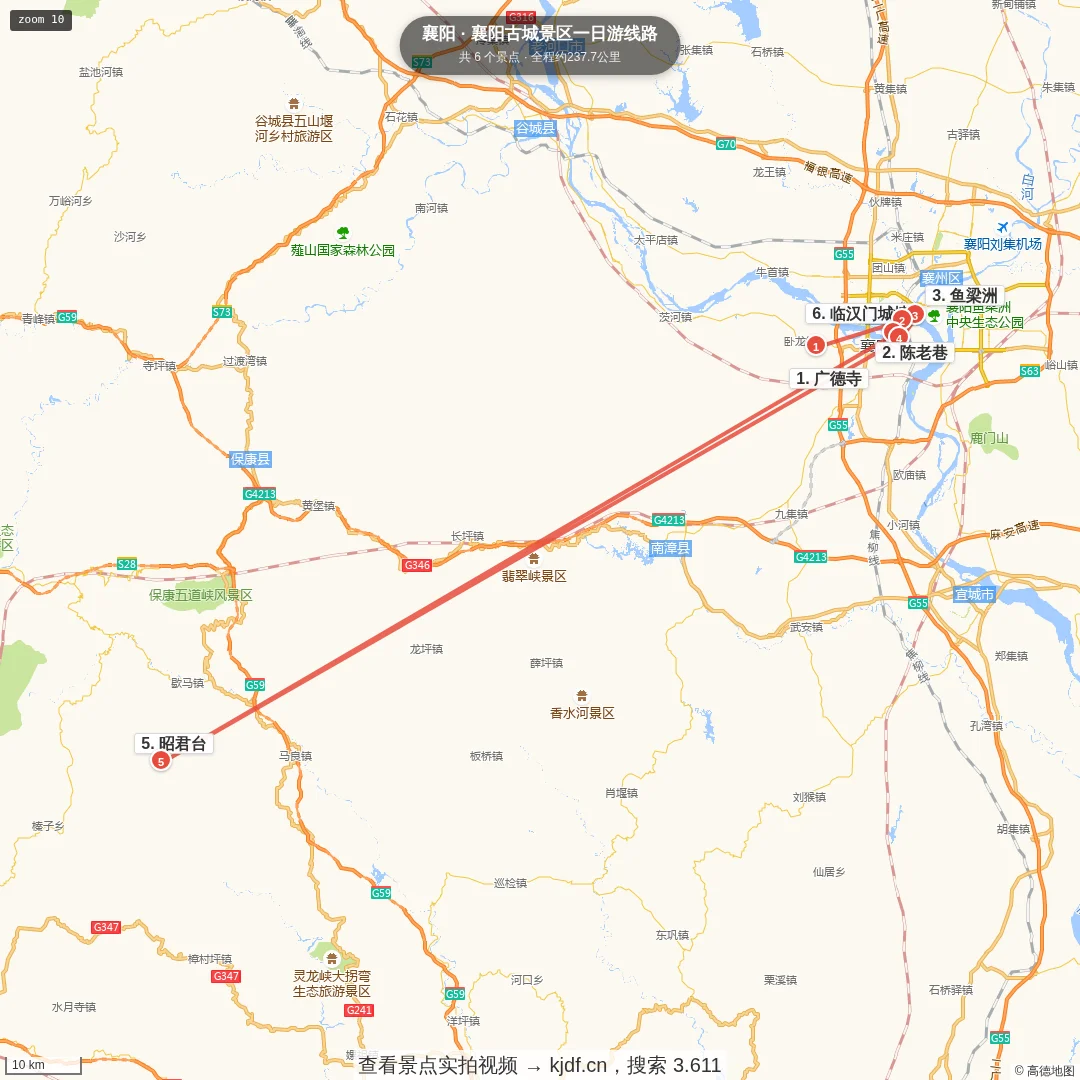 襄阳古城景区一日游线路旅游线路地图