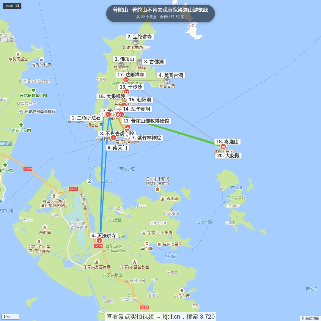 普陀山不肯去观音院洛迦山游览线旅游线路地图