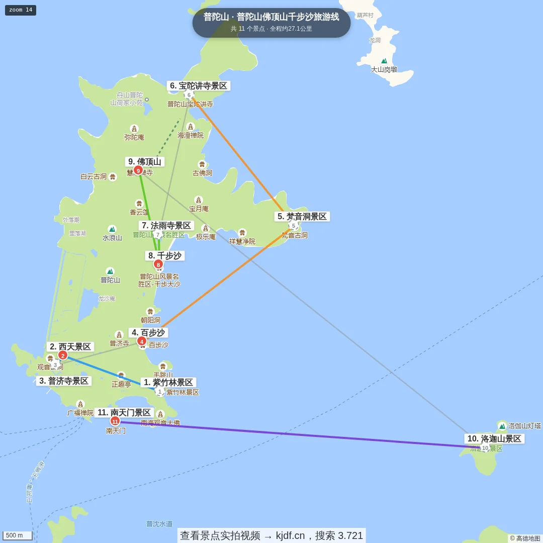 普陀山佛顶山千步沙游览线旅游线路地图