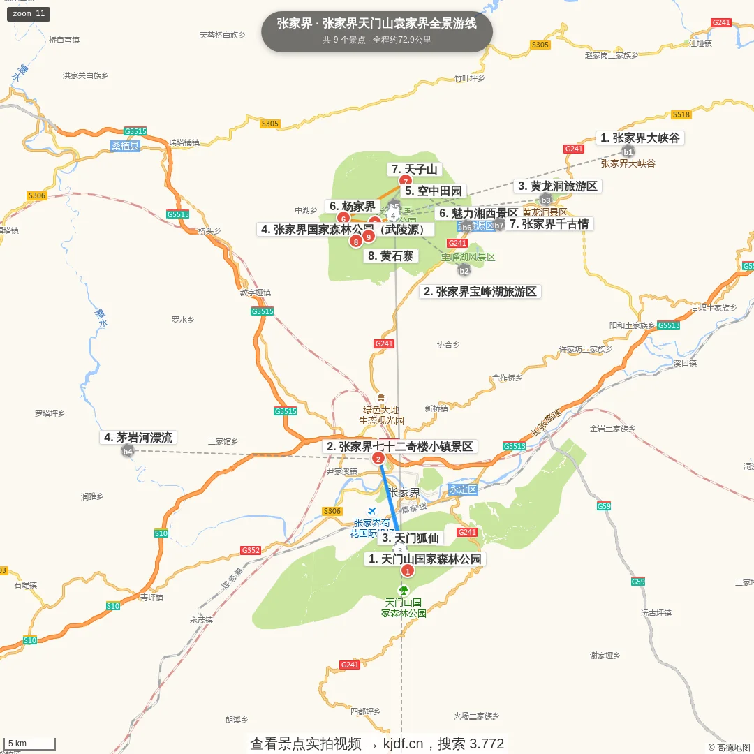 张家界天门山袁家界全景游线旅游线路地图