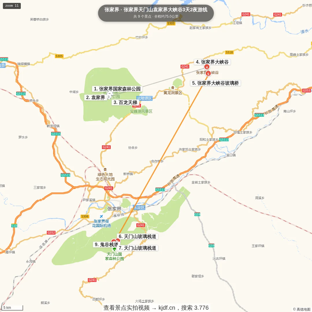 张家界天门山袁家界大峡谷3天2夜游线旅游线路地图