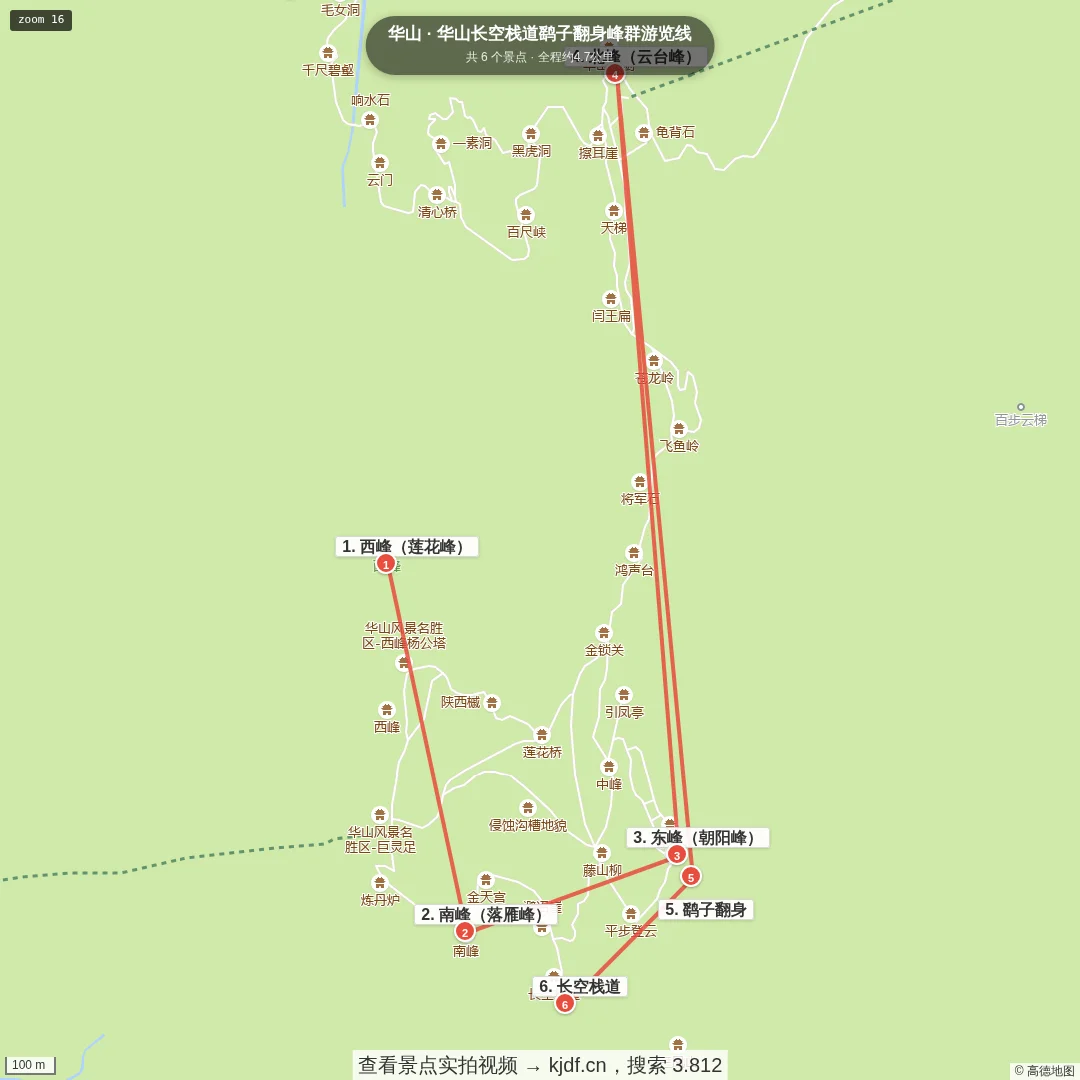 华山长空栈道鹞子翻身峰群游览线旅游线路地图