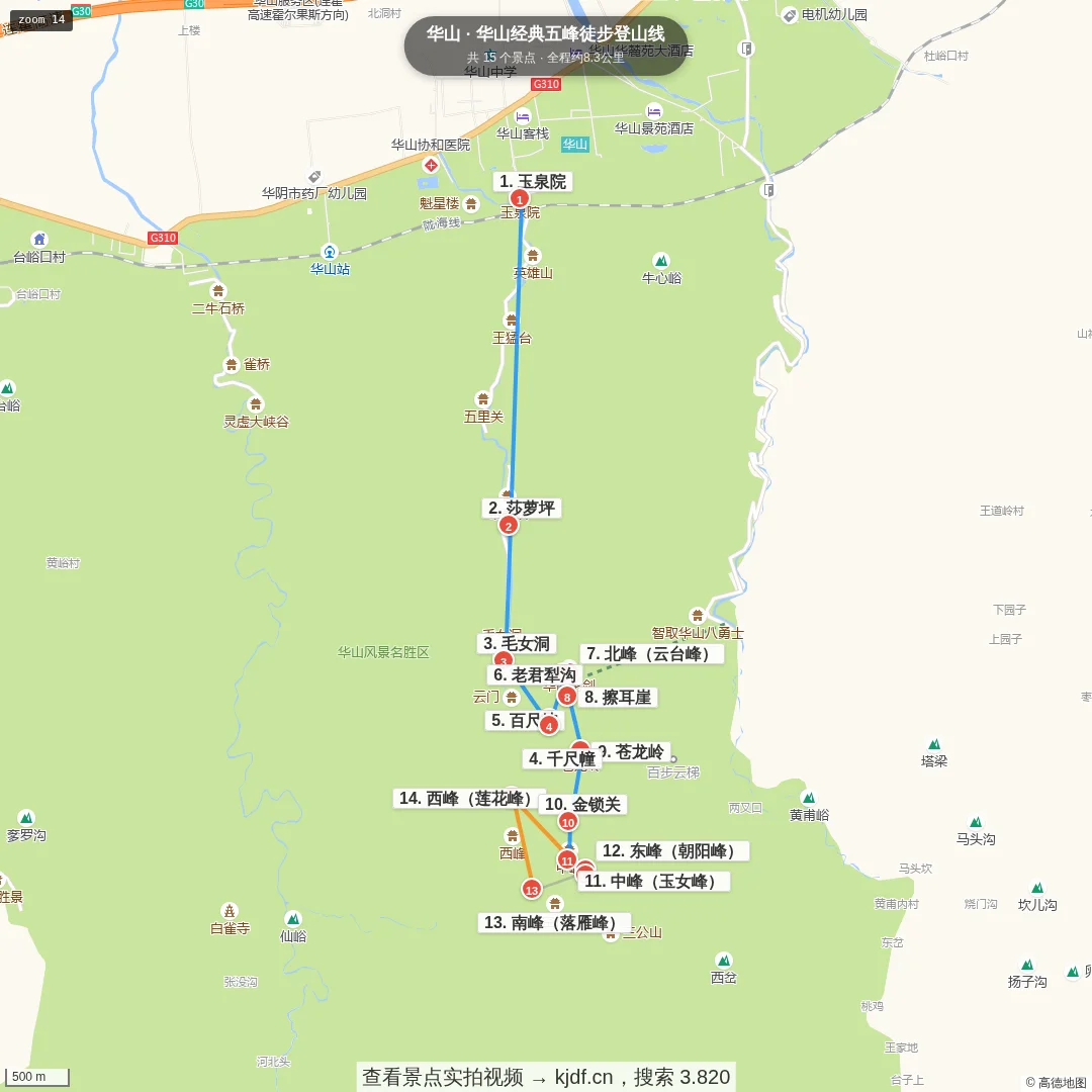 华山经典五峰徒步登山线旅游线路地图