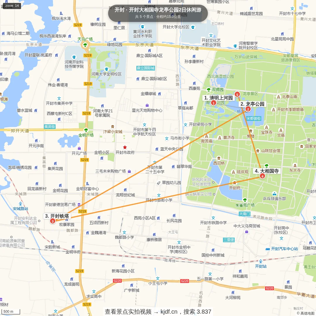 开封大相国寺龙亭公园2日休闲游旅游线路地图