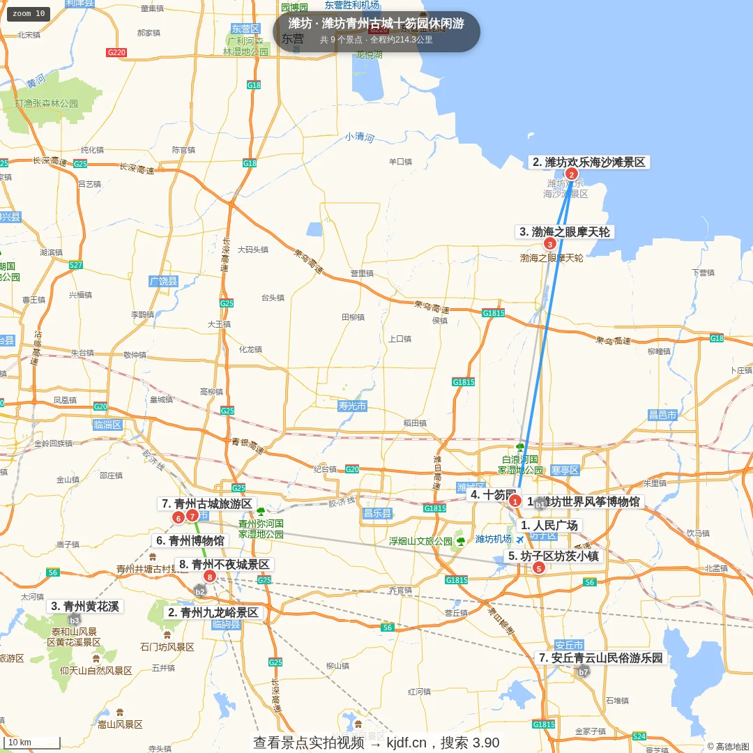 潍坊青州古城十笏园休闲游旅游线路地图